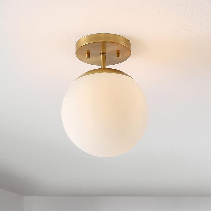 JONATHAN Y 7.75" Brass Gold Modern Semi Flush Mount Ceiling Light, LED Fixture for Entryway, White Frosted Glass Globe Shade, Mid-Century Farmhouse Lighting for Bedroom Hallway JYL7499A