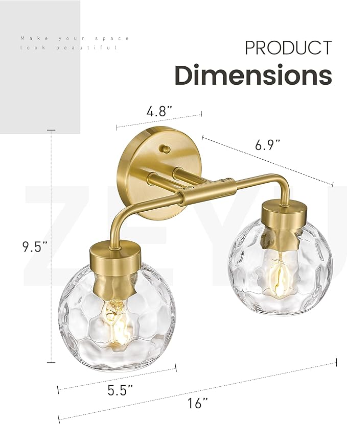 zeyu Globe Bathroom Vanity Light, 2-Light Vanity Light, Bathroom Lights Over Mirror with Water Ripple Globe Glass, Brushed Gold Finish, ZS62BG-2W BG-WG