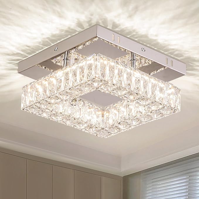 9.8" Modern Crystal Ceiling Light Fixture Mini Square Chandelier Flush Mount Light Fixture Ceiling Lamp for Small Hallway Foyer Entryway Bedroom, 3 Colors Adjustable
