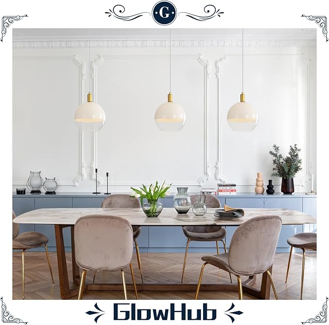 GlowHub Gold Glass Pendant Light for Kitchen Island Milk White Modern Pendant Light Fixture 1-Light Globe Ceiling Hanging Light Adjustable for Farmhouse Dining Room Bedroom Hallway