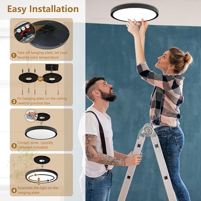 12PK 12 Inch LED Flush Mount Ceiling Light, 24W, 2520LM, 3000K/4000K/6000K CCT Selectable, 0.9inch Super Slim Black LED Ceiling Fixtures, Low Profile Round Flat Panel Light for Bedroom,Kitchen,Hallway