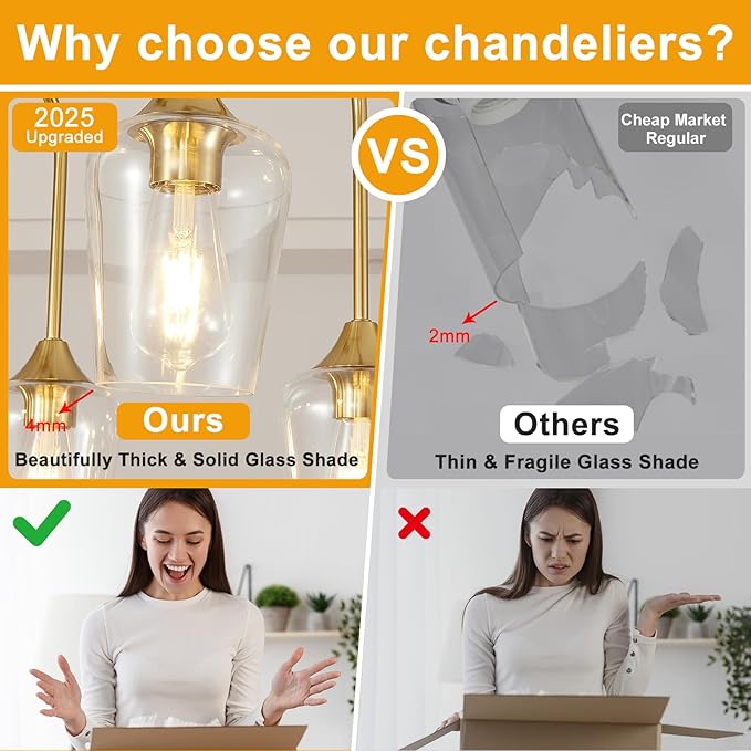 38" Dining Room Light Fixture/Chandelier Over Table, 8-Light Brushed Gold Kitchen Island Lighting with Clear Glass Shade, Modern Hanging Pendant Lights Fixture for Kitchen Island, Dining Room, Bar