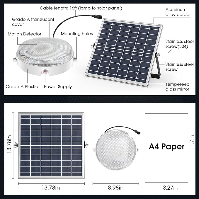 Solar Shed Lights Indoor Outdoor 2 Pack, Brighter & Tricolor & Daytime Ceiling Light with ON/Off Switch & Remote, Dimmable Waterproof Solar Barn Light for Porch, Shop, Stable, Carpot
