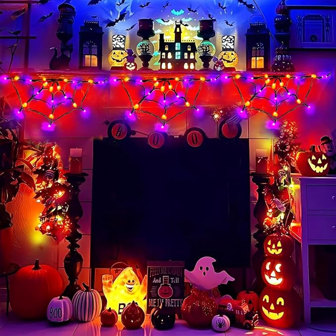 Halloween Spider Web Lights Outdoor, Solar Light up Cobweb String Lights with 60LED Purple&Orange Lights, Spiderweb Curtain Fairy String Lights for Halloween Decorations Fireplace Proch Window Garden