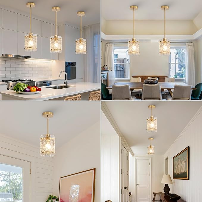 Gold Glass Pendant Lights Kitchen Island, Water Ripple Round Pendant Lights Adjustable Modern Hanging Pendant Light Fixtures for Kitchen Island Dining Room Above Sink Foyer Entryway 1 Pack