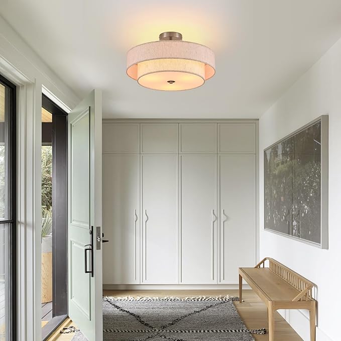 18" Semi Flush Mount Ceiling Light 3-Light Modern Linen Drum Ceiling Lighting with Chrome Finish, Vintage Ceiling Light for Living Room, Kitchen, Basement, Laundry Room, Bedroom