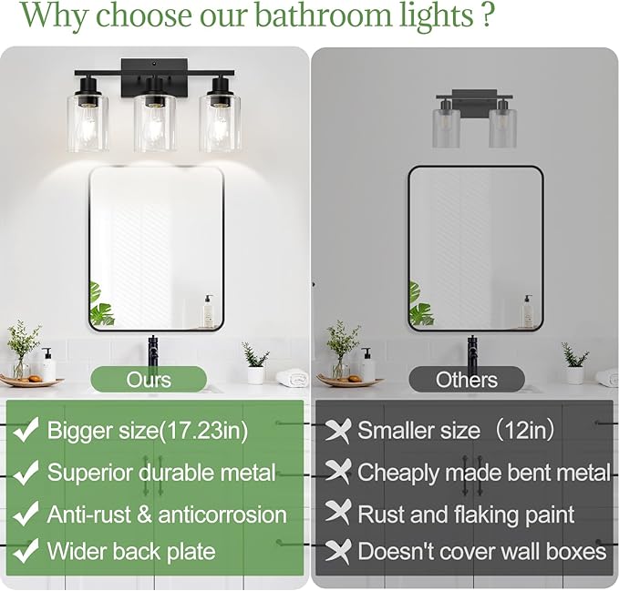 MOKATNG 3-Light Bathroom Light Fixtures, Vanity Light with Clear Glass Shades, Matte Black Bathroom Light Fixtures Over Mirror, Modern Bathroom Wall Lamp for Mirror Living Room Cabinet Bedroom