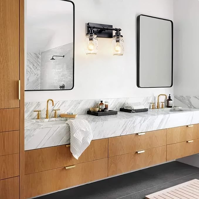 2 Light Bathroom Vanity Light Black Bathroom Light Fixture, Industrial Farmhouse Wall Sconce with Glass Shades, Mason Jar Vanity Light Fixture, Pipe Wall Lamp for Mirror Bedroom Hallway Living Room