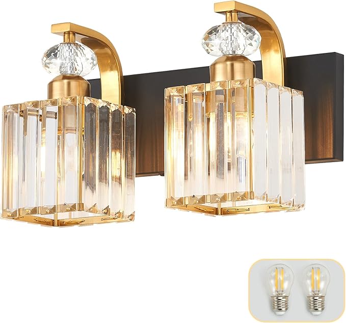 Modern Bathroom Vanity Light, 2-Light Black Gold Bathroom Lighting Fixtures Over Mirror, 12.6" Crystal Wall Light Sconce for Bathroom/Bedroom/Vanity, Includes LED Bulbs, Easy Installation