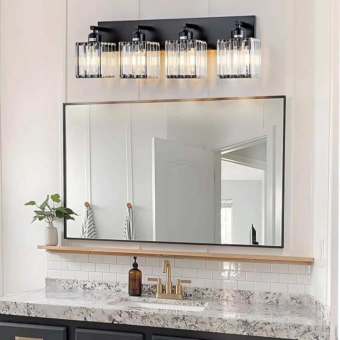 Modern Crystal Bathroom Vanity Light 4-Lights Modern Black Crystal Bathroom Wall Light Fixtures Over Mirror