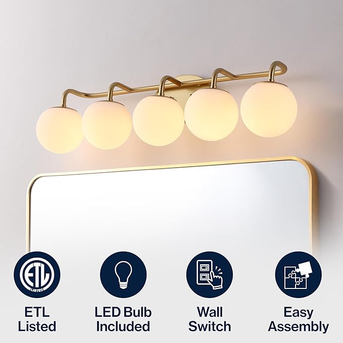 JONATHAN Y 33" Gold Painting Modern Globe Wall Sconce Vanity Light for Bathroom, White Frosted Glass Shade, Midcentury Parisian Bistro Wall Lamp, LED Bulb Included (JYL3559A)