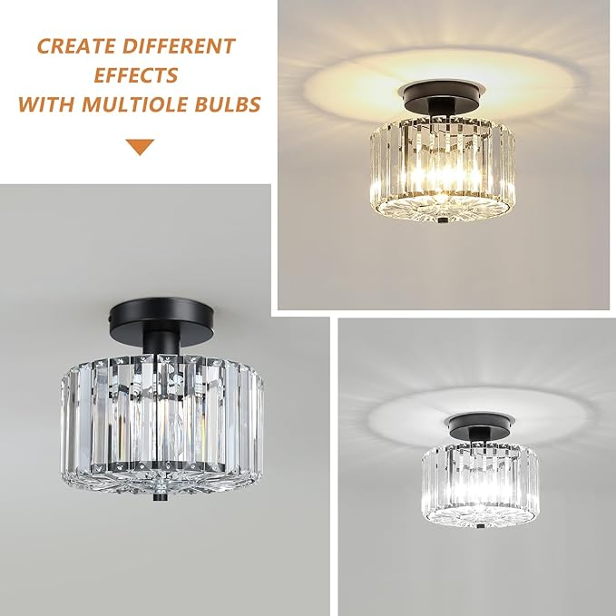 Crystal Ceiling Light, Modern Mini Flush Mount Crystal Chandelier, 8.89 Inch Black Light Fixture, Round Hallway Lighting Fixtures for Kitchen Entryway Laundry Room, 1-Light