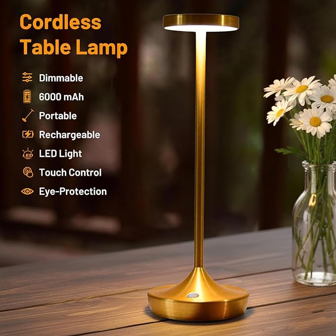 Gold Cordless Table Lamp, Rechargeable 6000mAh Battery LED Desk Lamp, Portable Metal Touch Lamp with 3-Level Dimming, Waterproof Light for Restaurant, Dining Table, Patio & Home Decor(Gold)