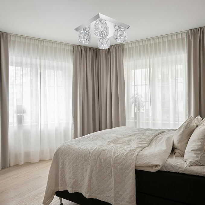 Luxury K9 Crystal Ceiling Light with Square Metal Canopy Chrome Finish, 4-Light Elegant Flush Mount Modern Chandelier for Living Room, Bedroom, Kitchen, Bathroom G9 Base Bulb Not Included