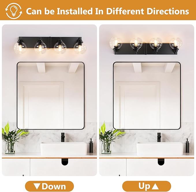 LmnLvn Bathroom Light Fixtures, 4-Light Matte Black Vanity Lights, Modern Bathroom Lighting Fixtures Over Mirror, Farmhouse Vanity Lights with Glass Shade for Living Room, Bedroom, Hallway