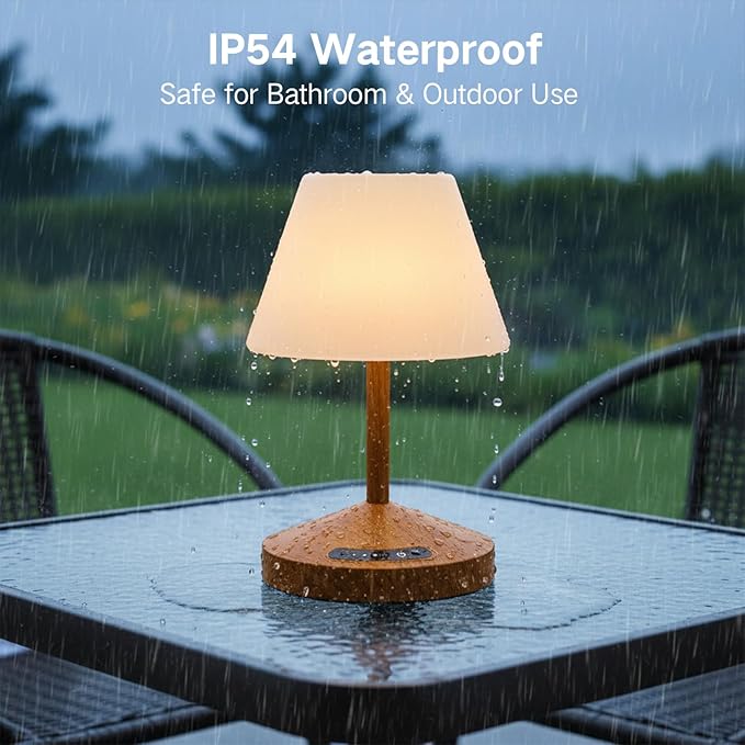 OUTON Rechargeable LED Shower & Table Lamp, Waterproof, USB Output, Stepless Dimming, 3 Colors, Power Indicator, Memory Function, Battery Operated Light for Home, Bathroom, Patio & Outdoor (Wood)