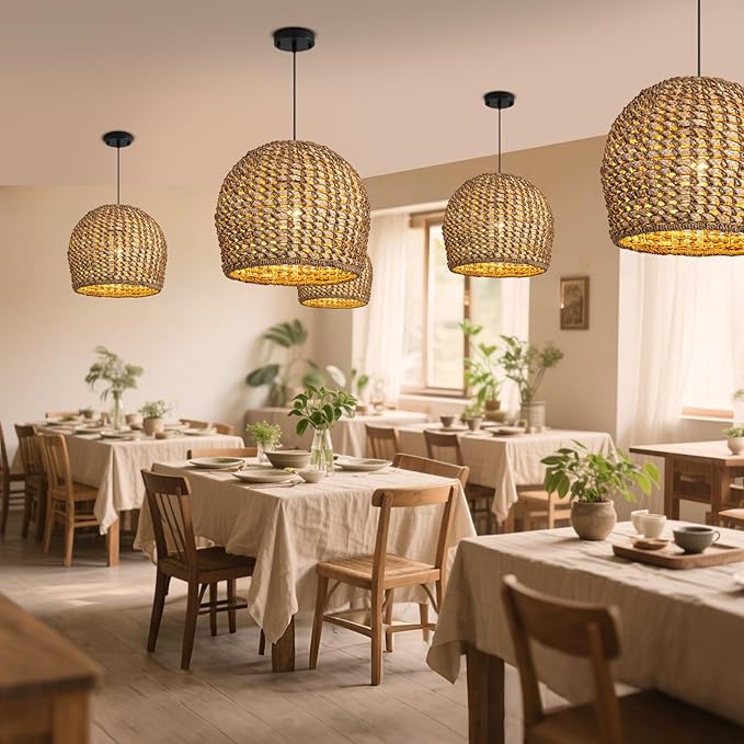 13.77" Brown Rattan Pendant Light Fixtures,1-Light Boho Seagrass Pendant Light,Hand Woven Water Plants Rattan Chandelier for Dining Living Bedroom Kitchen Farmhouse