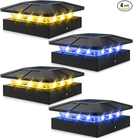 Peasur 4 Packs 4x4 Solar Post Lights Outdoor, Blue & Warm White LED Fence Caps Light Waterproof, Wood & Vinyl Post Top Lighting for Deck Mailbox Railing Porch Outside