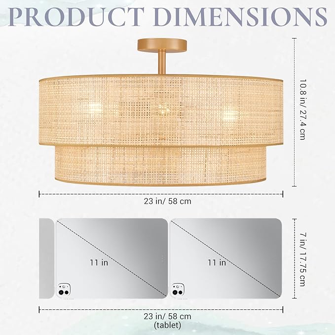 Hamilyeah 24 Inch Large Boho Ceiling Light Double Layer, Semi Flush Mount Light Fixture with Wicker Rattan Bamboo Woven Shade for Living Room, Dining Room