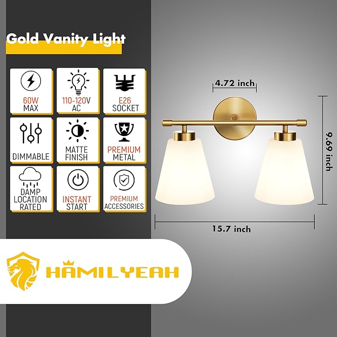 Hamilyeah Gold Bathroom Vanity Light Fixture with Frosted Glass Shade, 2 Light Vanity Lighting Fixture Over Mirror, 2 Bulb Wall Lamps for Bathroom, Restroom, Living Room