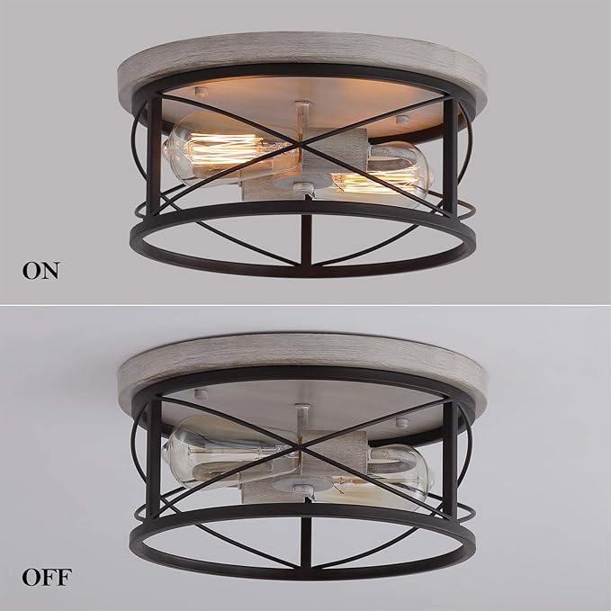 Q&S Flush Mount Ceiling Light Fixture Farmhouse Rustic Oak White and ORB Lighting for Hallway Entryway Kitchen Dining Room Bedroom Garage Gazebo Locker 2 Lights UL Listed