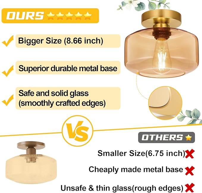 Lynnoland Industrial Semi Flush Mount Ceiling Light Brushed Gold, Amber Glass Shade Ceiling Light Fixture,Amber Light Fixture for Hallway Bathroom Bedroom, Vintage Hanging Light Fixtures