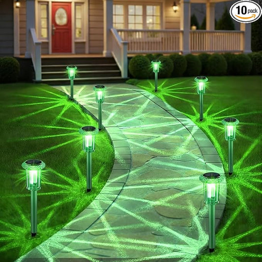 Eyrosa Solar Outdoor Lights, 10 Pack Solar Pathway Lights Outdoor Waterproof, Stainless Steel Stake Lighting for Garden Yard Path Walkway Driveway Patio Lawn Outside Décor,Green