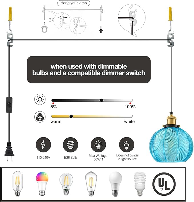 Modern Plug in Hanging Light, 7.8 Inch Glass Pendant Light with 14.76 FT Adjustable Plug in Cord, Vintage Blue Hanging Lamp for Dining Room Bedroom Kitchen Island Bathroom E26