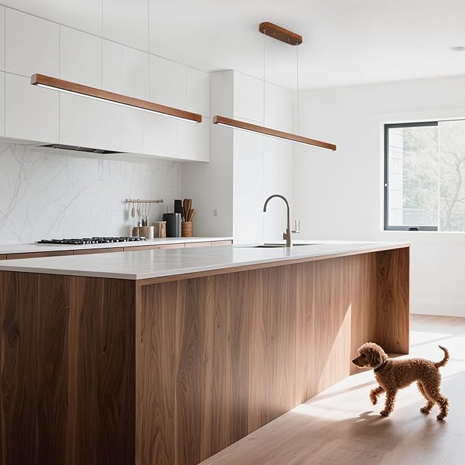 39 Inch Wood Linear Pendant Light Dimmable LED Kitchen Island Lighting with Remote Adjustable Hanging Chandelier for Dining Room Bar Pool Table 24W Modern Farmhouse Fixture Walnut Color