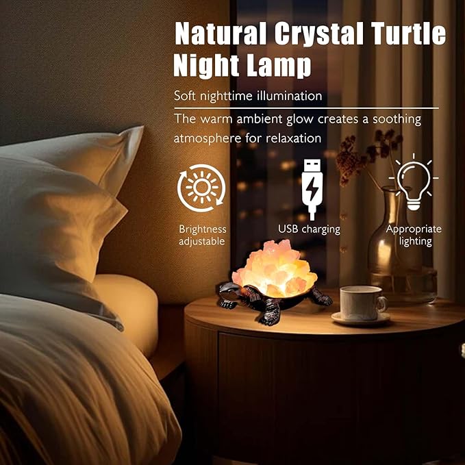 Runyangshi Natural Rose Quartz Turtle Night Lamp Healing Crystal Bedroom Bedside Table Lamp USB Port Home Decor Women Men Gift