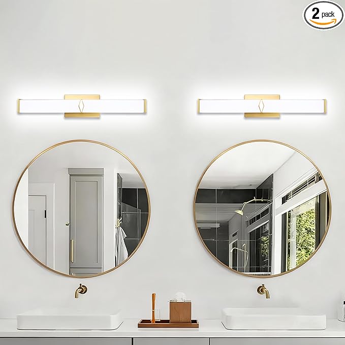 24 Inch Bathroom Vanity Light 2500LM, 5700K Daylight White Modern Bathroom Light Dimmable, AC 120V 25W Gold LED Vanity Lighting Fixtures Wall Sconce ETL Certified, 2Pack