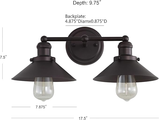 JONATHAN Y 17.5" Oil Rubbed Bronze 2-Light Industrial Farmhouse Metal Vanity Light Wall Sconce, Metal Shade for Bathroom Mirror, Kitchen, Entryway, LED Bulb Included (JYL7427A)