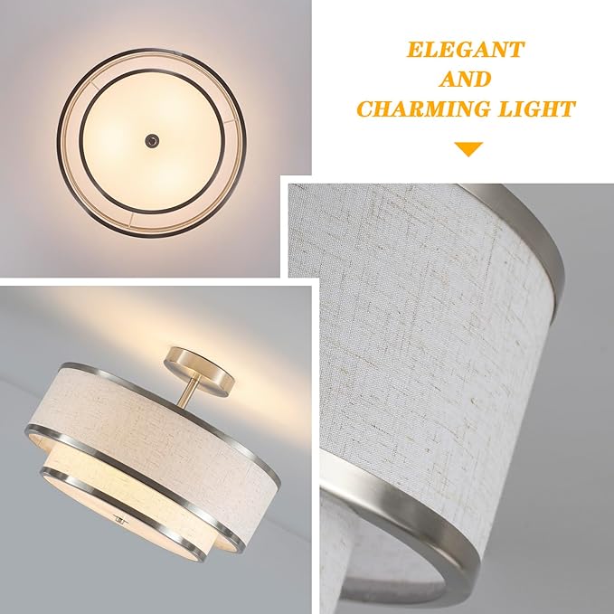 Semi Flush Mount Ceiling Light, 3-Light Double Drum Ceiling Light Fixture with Fabric Shade, Farmhouse Chandelier Dining Room Light Fixture for Bedroom, Kitchen, Hallway (Brushed Nickel)
