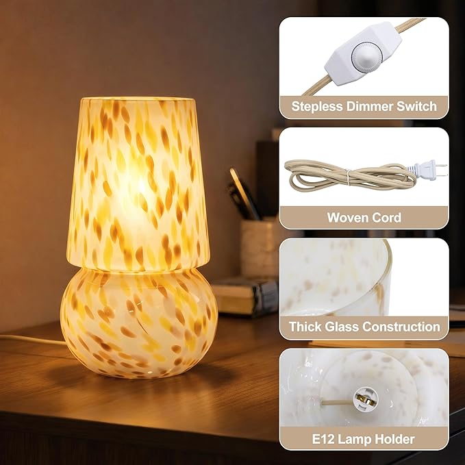 9.8 Inch Mushroom Table Lamp, UL Listed Dimmable Small Desk Bedside Lamp with Woven Beige Cord, Handcrafted Pattern, Murano Home Decor for Bedroom, Living Room, Entryway, Cream Gold, No Bulb Included