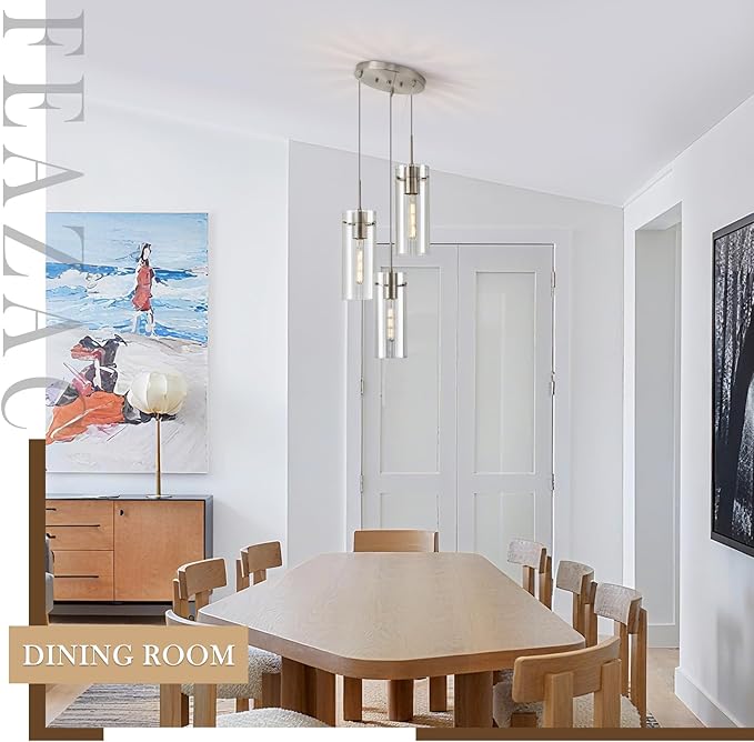 Modern Cluster Pendant Lights, Brushed Nickel Cluster Chandelier with Clear Ribbed Glass, 3 Light Pendant Lighting for Kitchen Island, Staircase, Dining Room, Living Room