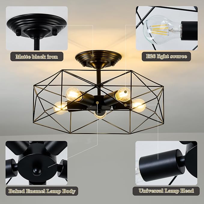 5-Light Farmhouse Semi Flush Mount Ceiling Light Fixture, Modern Black Ceiling Light, Industrial Close to Ceiling Light with Metal Hexagon Cage Ceiling Lamp for Kitchen, Hallway, Bathroom，closet