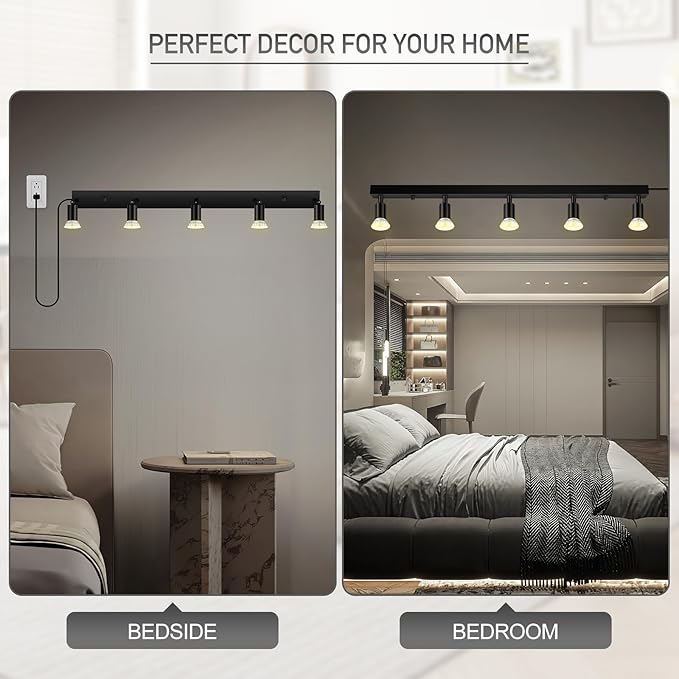 Plug-in Track Lighting, LED Track Lighting Fixtures Ceiling Kit, 30" Black Plug in Wall Light with 14.8ft Cord, 5-Light Ceiling Spotlight,Rotatable Kitchen Light Head for Bedroom Hallway(GU10,NO Bulb)