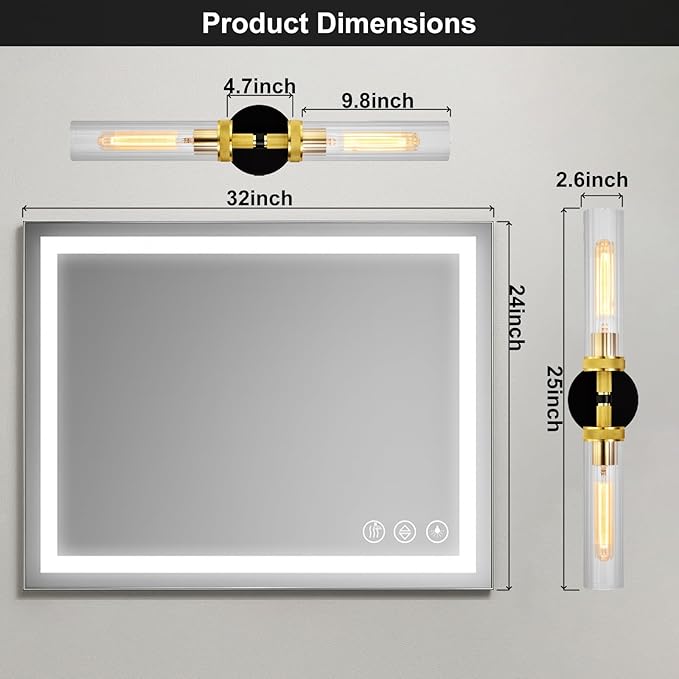 LaLuLa Black and Gold Vanity Light Fixtures 2-Pack – Modern Hardwired Dual-Light Wall Sconces with Rippled Glass Shades, Textured Metal Bathroom Lighting for Over Mirror or Hallway, 25" Height