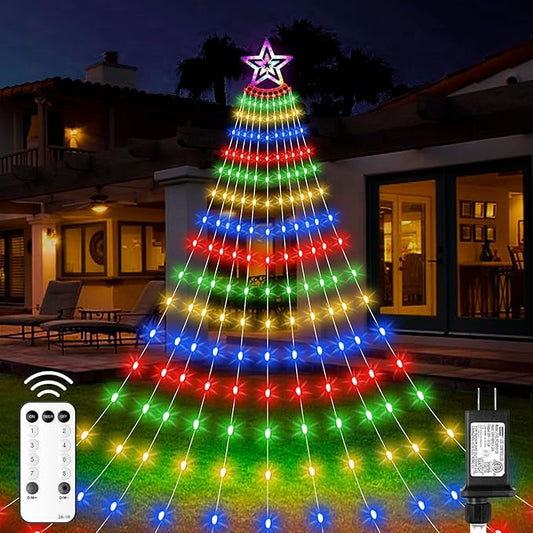 Christmas Star Waterfall Tree Lights - 23ft 11 Strand 818 LED Outdoor Decorations With 8 Modes Timer Remote - Plug-in Multicolor Lights for Indoor Yard Patio Home Holiday Party Decor