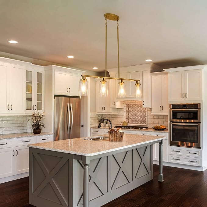 Kitchen Island Lighting, 4-Light Dining Room Light Fixtures Over Table,Gold Linear Chandelier for Dining Room Hanging,Pendant Lights Kitchen Island with Clear Glass Shade