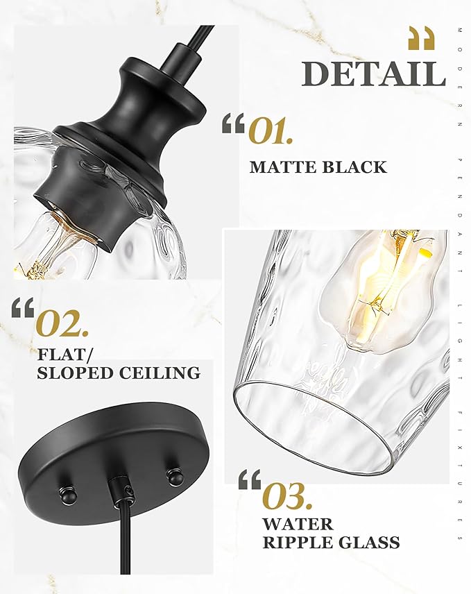 Black Pendant Lights Kitchen Island, Modern Hanging Lights Fixtures with Hand-Blown Hammered Clear Glass, Farmhouse Kitchen Island Lighting Over Sink, AD-24027-1P-BK