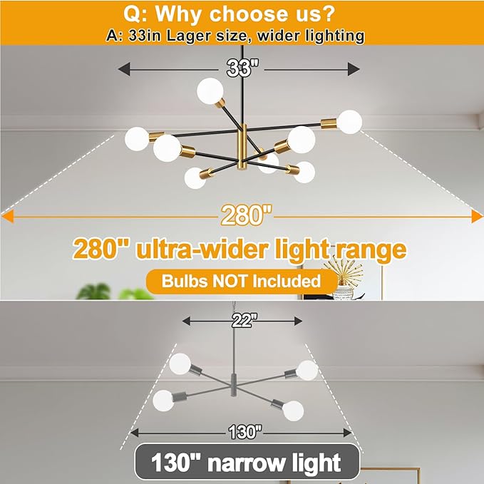 MQMQA Sputnik Chandeliers Dining Room Light Fixture (8-Light, 30-Inch), Modern Brushed Gold and Black Chandelier, Height Adjustable Mid Century Modern Chandeliers for Dining Room (Bulbs Not Included)