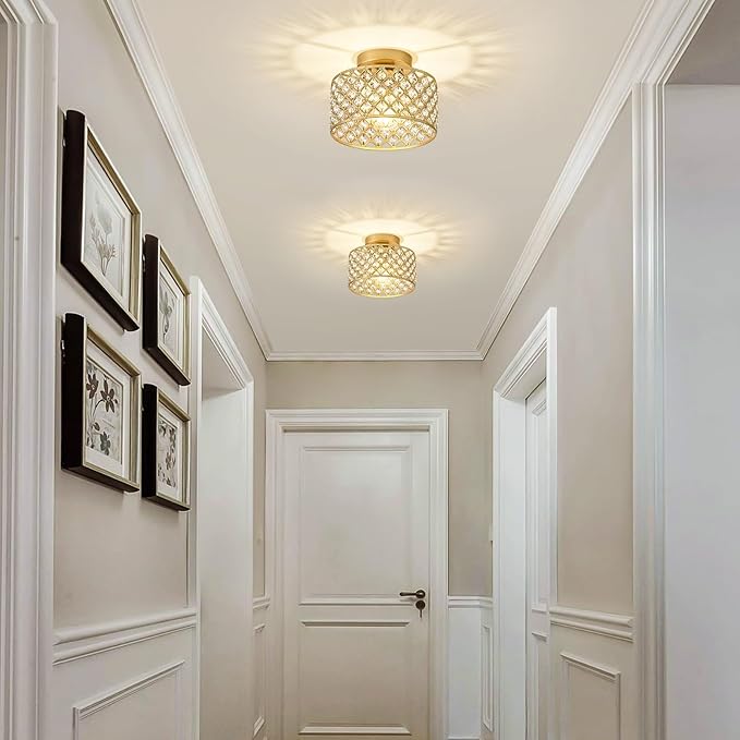 Gold Crystal Ceiling Light Fixture,Modern Semi Flush Mount Ceiling Lighting Fixture,Round Small Chandelier for Hallway, Entryway, Laundry Room, Kitchen, Bedroom, Foyer, Bathroom, 1 Light, 9 inch