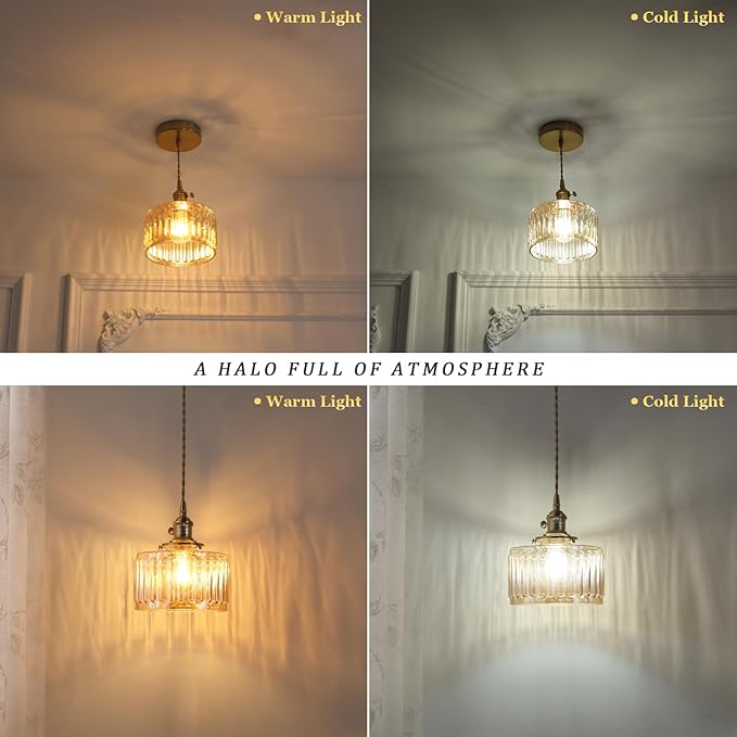 Shenmoyl Pendant Light 2 Pack with Amber Striped Glass Lmapshade, Brass Vintage Pendant Light Adjustable Hanging Light for Kitchen Island Dining Room Hallway