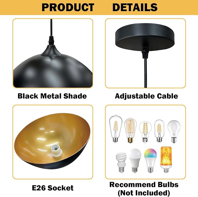 Takor 3 Pack Metal Pendant Light Fixtures, Rustic Ceiling Lights, Industrial Adjustable Hanging Lamp with E26 Base, Farmhouse Pendant Lighting for Kitchen Island, Living Room, Black(Bulb Not Included)