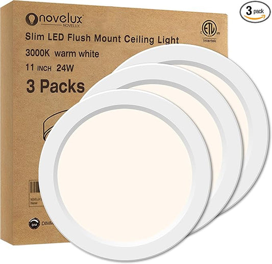 Flush Mount Ceiling Light Fixture - ETL Certified - 11 Inch Dimmable 3000K Warm White LED, 0.63'' Ultra Thin Round Design for Bedroom, Bathroom, Kitchen, Hallway, Basement, Closet (3-Pack)‌