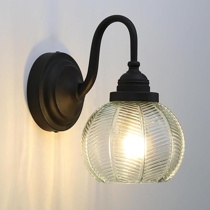 PERMO Vintage Wall Sconce with Clear Ribbed Glass Shade Retro Matte Black Sconce Bronze Bathroom Wall Light for Loft Kitchen Living Room Bedroom Hallway Doorway