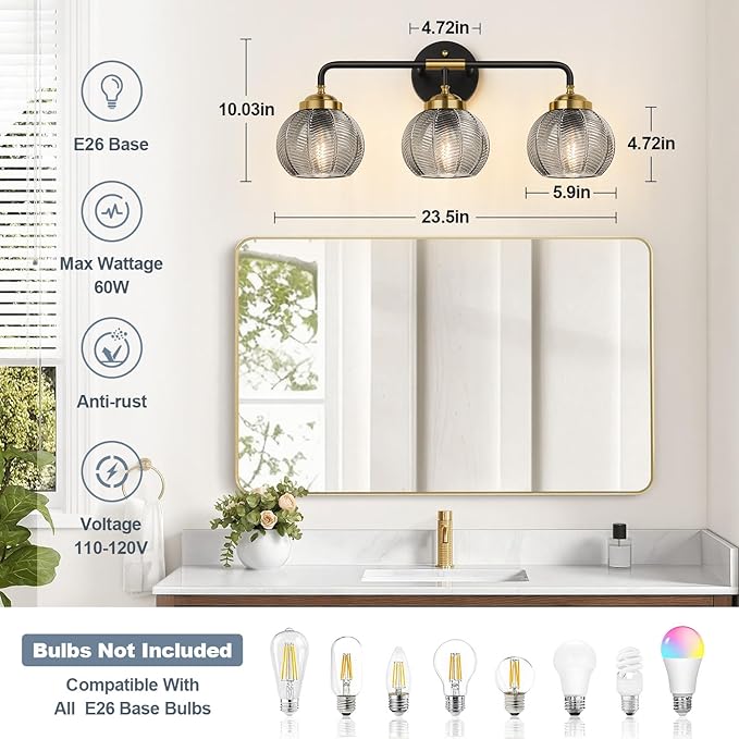 MOKATNG Bathroom Light Fixtures, 3-Light Smokegray Vanity Lights with Unique Leaf Texture Glass Shade, Modern Matte Black and Gold Bathroom Wall Lamp for Mirror Hallway Cabinet Living Room