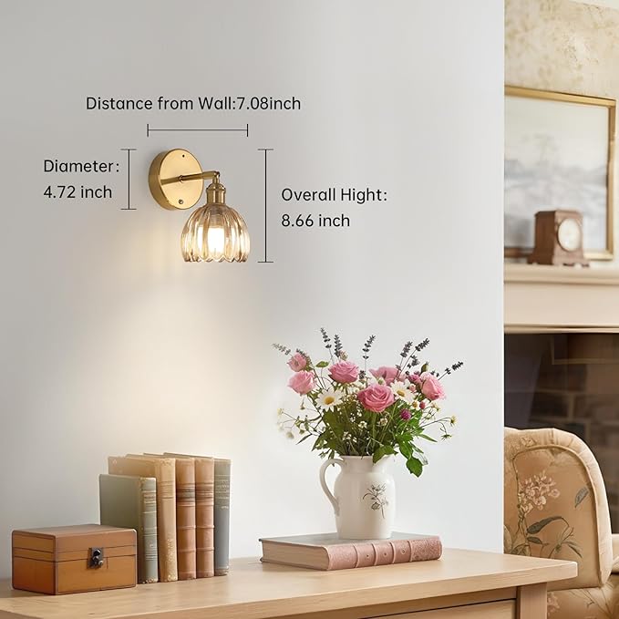 Shenmoyl Battery Operated Vintage Wall Sconces with Amber Tulip Glass Lampshade Battery Powered Wall Lighting for Bedside Bedroom Doorway, Set of 2