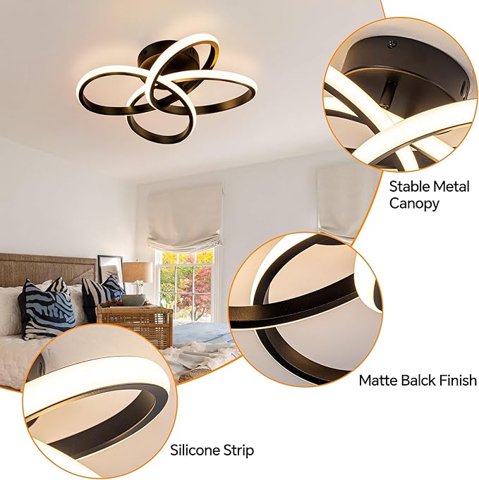 Modern Ceiling Light, 36W LED Dimmable Ceiling Light with Remote Control, 3000-6000K Color Temperature Changing, Black Small Chandelier for Bedroom, Entryway, Hallway, Kitchen